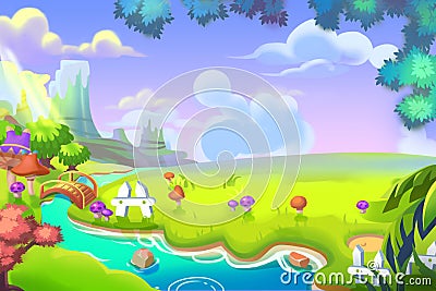 Creative Illustration and Innovative Art: Cute Cartoon Forest Land. Stock Photo