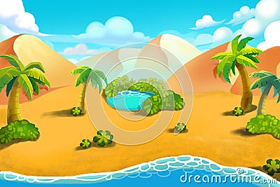 Creative Illustration and Innovative Art: Desert Hill, Desert Oasis. Stock Photo