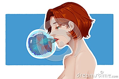 Creative Illustration and Innovative Art: Girl and Bubble Fish Stock Photo