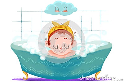 Creative Illustration and Innovative Art: Small Girl is Taking a Happy Bath in the Tub. Stock Photo