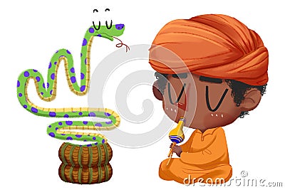 Creative Illustration and Innovative Art: Snake charmer. Stock Photo