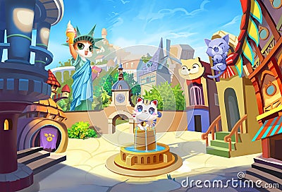 Creative Illustration and Innovative Art: Welcome to Cat Ville, A Small City with their own Statue of Liberty. Stock Photo