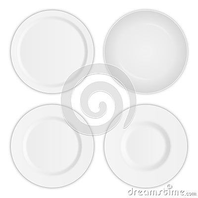 Creative illustration set of 3D white round realistic plate dish isolated on transparent background. Art design porcelain s Cartoon Illustration