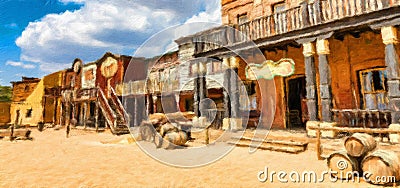 Creative illustration in vintage watercolor design - Wild West old village, rural buildings with blue sky Cartoon Illustration