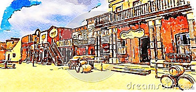 Creative illustration in vintage watercolor design - Wild West old village, rural buildings with blue sky Cartoon Illustration