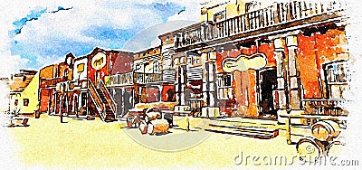 Creative illustration in vintage watercolor design - Wild West old village, rural buildings with blue sky Cartoon Illustration