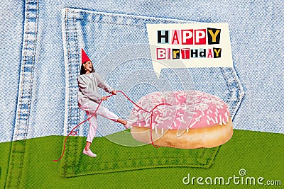 Creative image collage picture postcard happy birthday greeting cheerful young girl standing huge sweet donut bakery Stock Photo