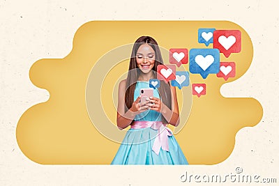 Creative image collage picture young smiling cute girl smm targetologist social media network feedback reaction drawing Stock Photo