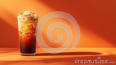 Creative image of an iced coffee drink against an orange background on a wood table Stock Photo