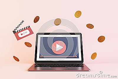 Creative image of paid online movie theater concept with laptop and dollar coins on pink background. Stock Photo