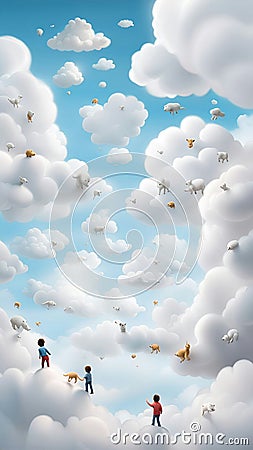 A creative imaginative image of white clouds forming shapes in the sky such as animals, faces, objects inspiring curiosity wonder Stock Photo