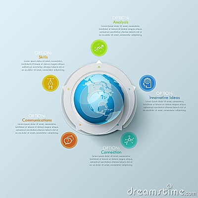 Creative Infographic design layout with globe in center, 5 arrows pointing at circular elements and text boxes Vector Illustration