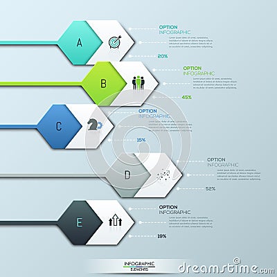 Creative infographic design layout. 5 hexagonal lettered elements and pictograms connected with text boxes Vector Illustration