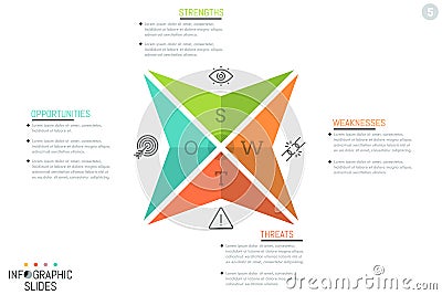 Creative infographic design layout, 4 triangular arrows with letters, icons and text boxes Vector Illustration