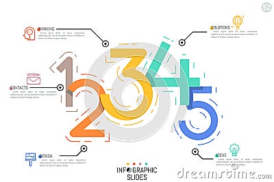 Creative Infographic design template, five colorful figures connected with icons and text boxes Vector Illustration