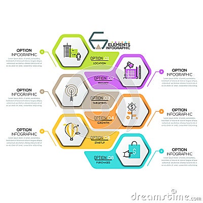 Creative infographic design template with 6 hexagonal elements Vector Illustration