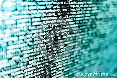 Creative Js HTML5 closeup set on background. Web server data on a monitor. Abstract computer script source code. Programming Stock Photo