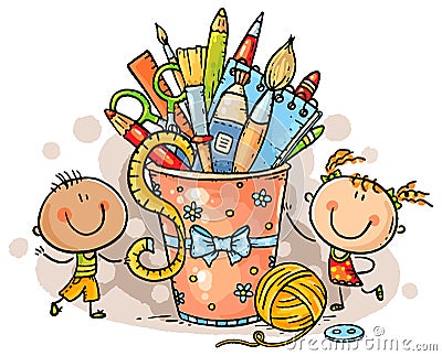 Creative kids with crafting tools, no gradients Vector Illustration