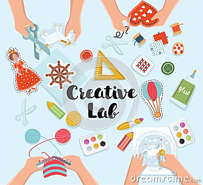 Creative kids lab, top view table with creative kids hands. Vector Illustration