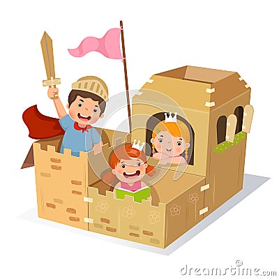Creative kids playing castle made of cardboard box Vector Illustration