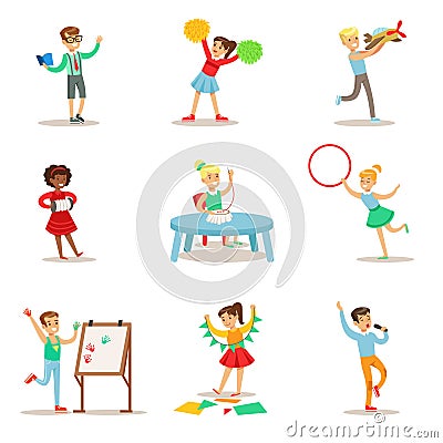 Creative Kids Practicing Different Arts And Crafts In Art Class And By Themselves Set Of Children And Creativity Themed Vector Illustration