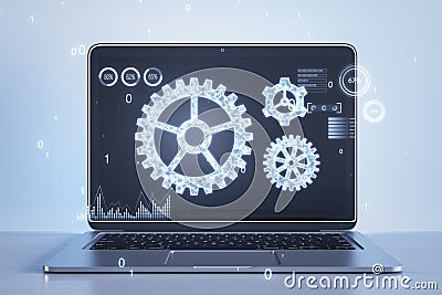 Creative laptop with glowing binary code cogwheel on screen. Blurry light background. Adjusting app, setting options, maintenance Stock Photo