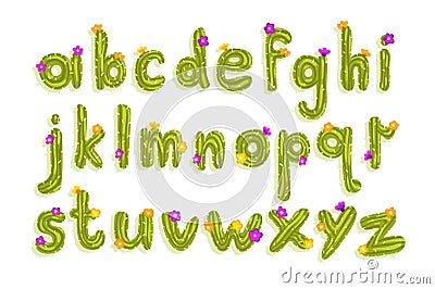 Latin alphabet made of green cactus with blooming flowers. English letters from A to Z. Flat vector font for poster Vector Illustration