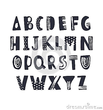 Creative latin font or childish english alphabet hand drawn on white background. Monochrome letters decorated with dots Vector Illustration