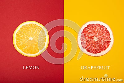 Creative layout of citrus fruits, lemon and grapefruit. Fruit concept, macro. Stock Photo