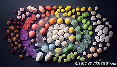 Creative layout of colorful pills and capsules. Minimal medical concept. Pharmaceutical. Flat lay, top view Stock Photo