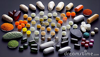 Creative layout of colorful pills and capsules. Minimal medical concept. Pharmaceutical. Flat lay, top view Stock Photo