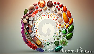 Creative layout of colorful pills and capsules. Minimal medical concept. Pharmaceutical. Flat lay, top view Stock Photo