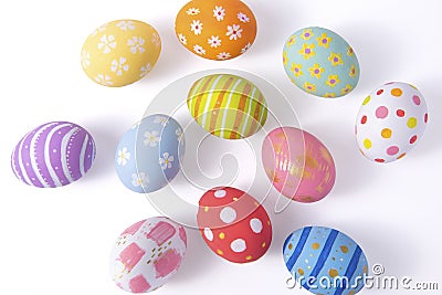 Top View. Creative layout Easter paint colorful Eggs various pattern handmade on isolated white background.copy space Stock Photo