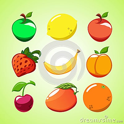 Creative layout of fruit and berries. Red and green apples, strawberries, lemon, orange, cherry, peach, mango and banana on a Cartoon Illustration