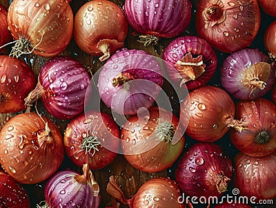 Creative layout made of red and purple onions with water drops on wooden background. Top view. Generative AI Cartoon Illustration