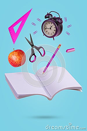 Creative layout with notebook, pencil, ruler, scissors and alarm clock floating in the air. Levitating school supplies Stock Photo
