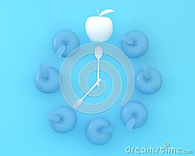 Creative layout of outstanding white apple clock on blue color b Stock Photo