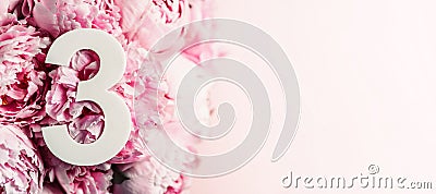 Creative layout. Pink peony flowers and digit three 3. Birthday greeting card. Anniversary concept. Top view. Copy space. Stylish Stock Photo