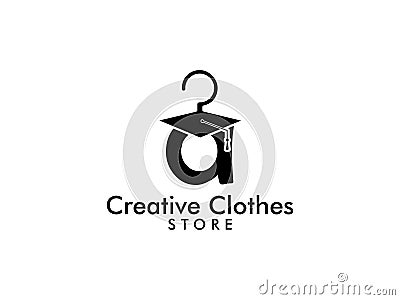 Creative Letter A With graduation hat and hanger vector Logo, Genius clothing store logo design inspiration. Vector Illustration