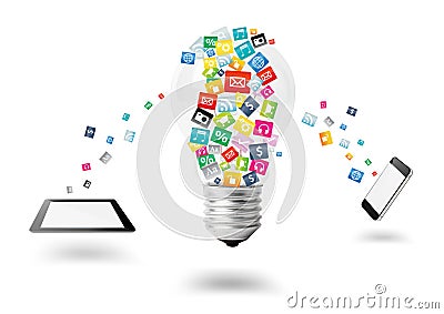 Creative light bulb with cloud of colorful application icon Stock Photo