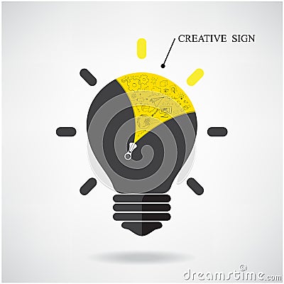 Creative light bulb Idea concept with doodle hand drawn sign. Vector Illustration