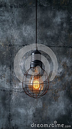 Creative lighting hanging lightbulb on industrial cement background Stock Photo