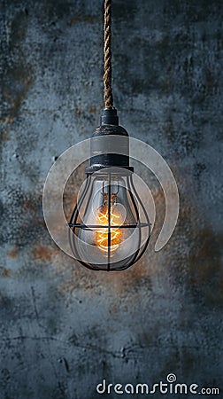 Creative lighting hanging lightbulb on industrial cement background Stock Photo