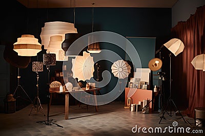 creative lighting setup with a variety of lampshades, creating different looks Stock Photo