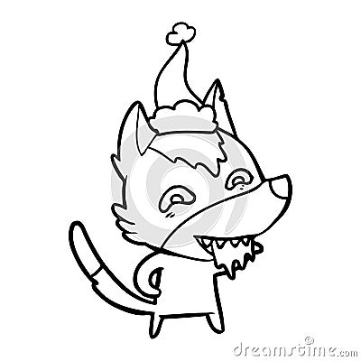 A creative line drawing of a hungry wolf wearing santa hat Vector Illustration