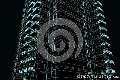 Creative linear building project on black background. Architecture, construction and blueprint concept. Stock Photo