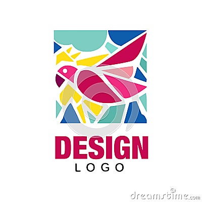Creative logo design with pink tropical bird parrot . Abstract icon in rectangular shape. Colorful vector design for Vector Illustration