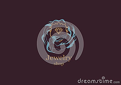 Creative logo, jewelry mazgazine mermaid round frame with briliatom Vector Illustration