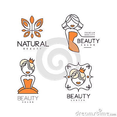 Vector logos for beauty salon or natural cosmetics. Emblems with abstract butterfly and girls silhouettes. Linear labels Vector Illustration