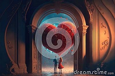 Creative Love concept. Big heart over couple in love. Generative AI Stock Photo